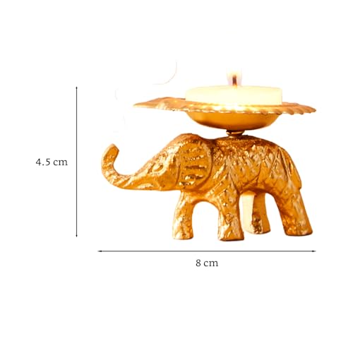 Image of Amazon Brand - Solimo Decorative Handcrafted Metal Elephant Diya for Puja | Tealight Candle Holder for Home Decor & Gifting (Pack of 4) | 8 x 6.5 x 4.5 cm Each | Gold Finish