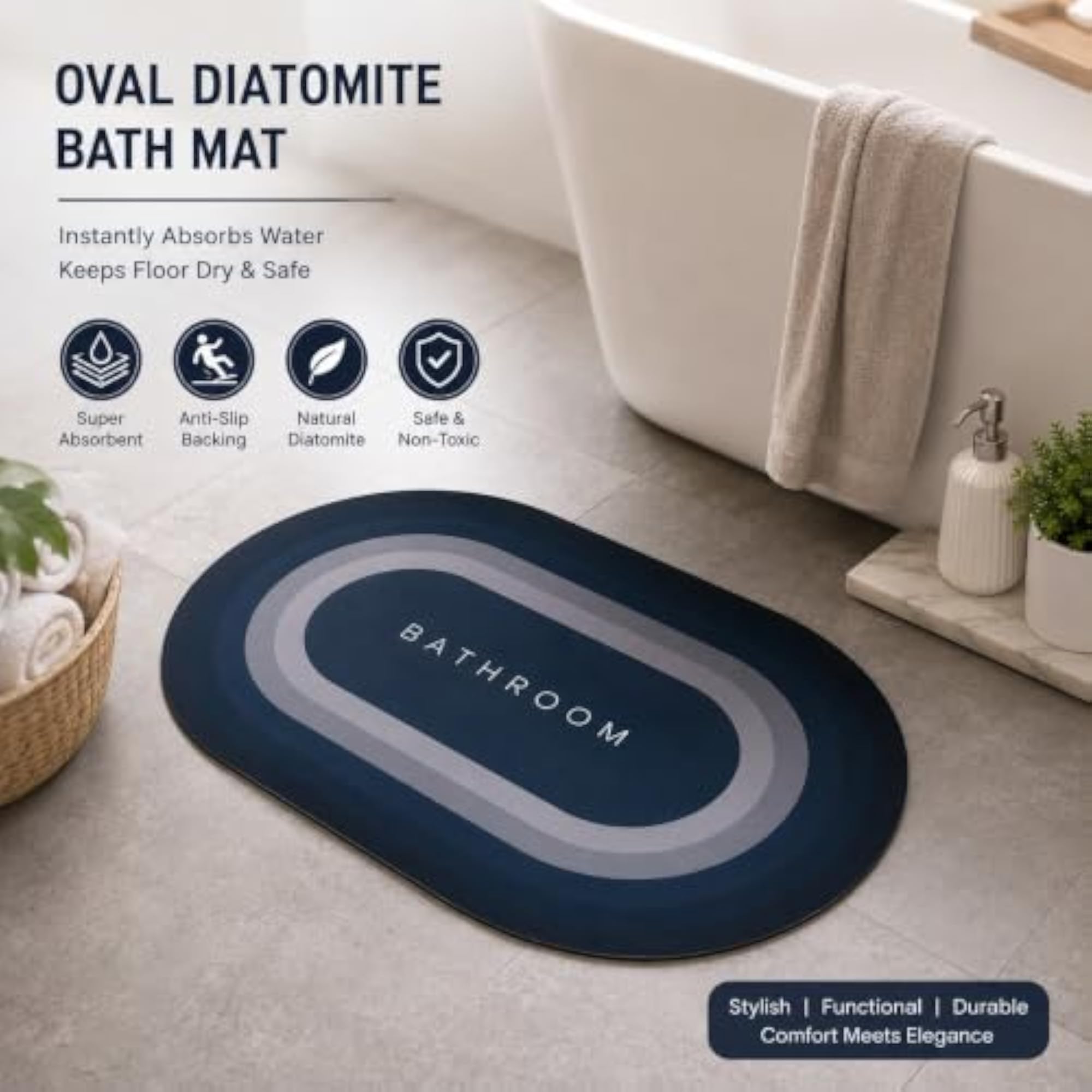 Oval Diatomite Bath Mat, Navy Blue