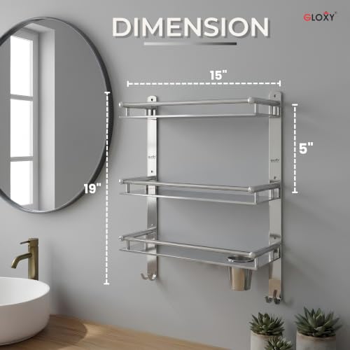 Image of GLOXY Premium Stainless Steel 3 Tier Bathroom Organizer Shelf Combo Pack of 2 - Wall Mount 3 Layer Shelf with Toothbrush & Soap Holder - Chrome Finish Bathroom Shelf with Multipurpose Hooks
