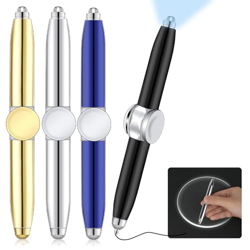 AUAUY Spinner Stylo avec Lumière LED Inscriptible, 4Pcs Fidget en Métal Rotatif pour Enfant Adulte Étudiant, Soulagez L'anxiété et Stress - Bleu, Or,...