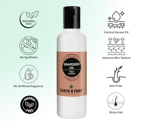 Image of Earth N Pure Grapeseed Oil | 100% Pure & Natural | Cold Pressed Carrier Oil | Lightweight & Fast-Absorbing | For Skin, Hair & Massage | 100ml