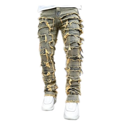 Mens Stretchy Jeans Ripped Stacked Denim Pants Patchwork Distressed Jeans Y2k Harajuku Emo Hip Hop Trousers