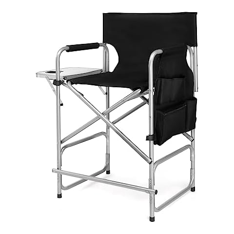 mefeir 26" Tall Folding Directors Chair with Side Table,Portable Makeup Artist Bar Height, Steel Frame 300 lbs Capacity, 19.2" D x 23.6" W x 40.5" H,Black Cover