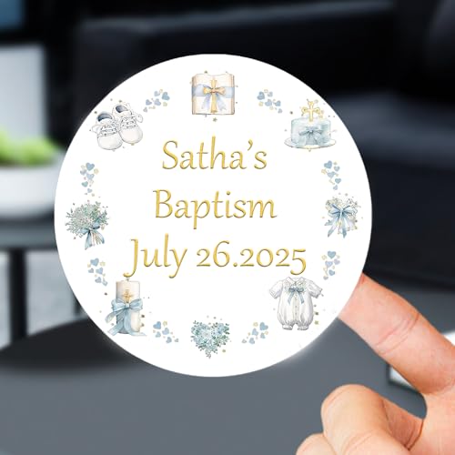 Etiquetas adhesivas de bautizo personalizadas con lámina dorada, calcomanías de bautizo personalizadas para fiestas, cumpleaños, bolsas de regalo, botellas, tarros, velas (blanco)