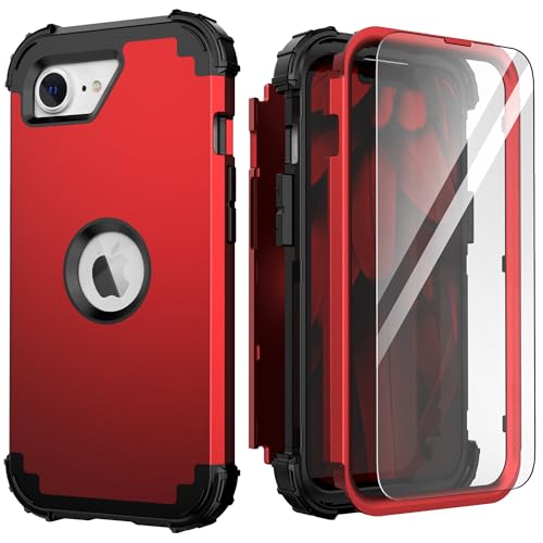 IDweel for iPhone 16e Case with Screen Protector(2025),Case for iPhone SE 4th Generation,Hybrid 3 in 1 Shock Absorption Slim Fit Heavy Duty Hard PC Cover Soft Silicone Bumper Full Body Cover,Red