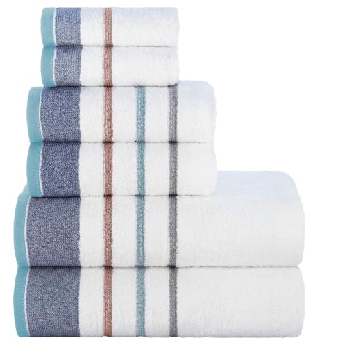 Image of Casa Copenhagen, Germany Design - White Bay Super Soft Collection 100% Cotton 6 Piece Towel Set, Includes 2 Bath Towels 2 Hand Towels 2 Washcloths - Grey & Denim