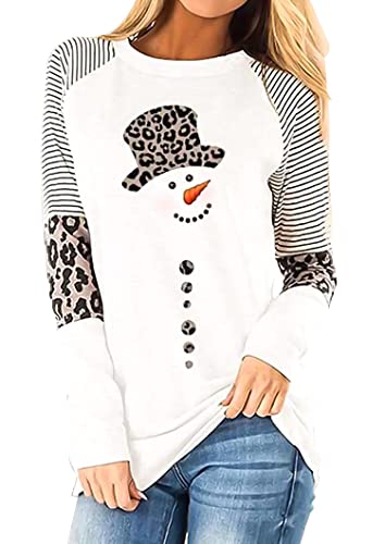 Oriental Pearl Womens Leopard Print Tops Snowman Graphic T Shirt Christmas Long Sleeve Casual Loose Color Block Tunics cover