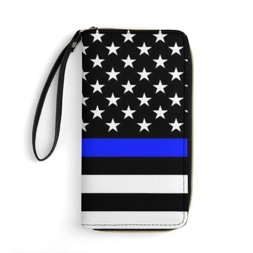 Smooth zipper Leather Wallet for Women Men Water-resistant and Secure and Durable American Thin Blue Line Flag Police Pattern Black Wallets Gift for Birthday