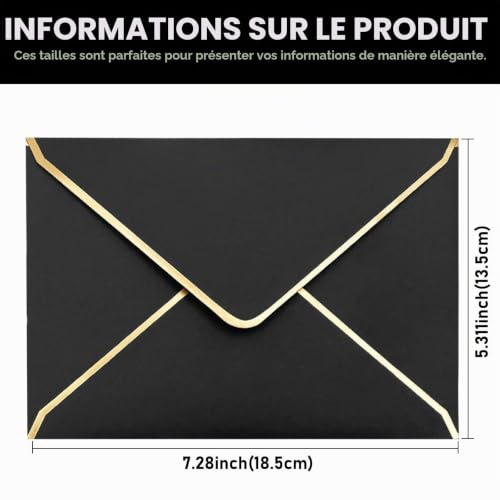 WANDGU - Lot de 50 enveloppes 13,5 x 18,5 cm - Noir avec bordure dorée - Pour mariage, mini enveloppes colorées - Pour Noël, fêtes – vue 2