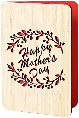 Wooden Mother's Day Card with Hollow Carved Pattern, Engraved Wood Greeting Card, 15x10cm Keepsake Postcard for Mom from Daughter Son (Olive)
