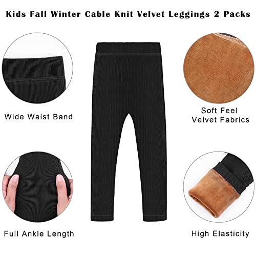 Toddor 2 Pack Kids Fall Winter Cable Knit Velvet Leggings Tight Stretch Warm Fleece Lined Pants Black #TOP2