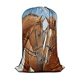 Swono Couple Horse Extra Large Laundry Bag with Drawstring Closure 28'x40', Brown Horses Animal Lover for Home, Dorm and Apartment Dwellers, Wildlife Painting