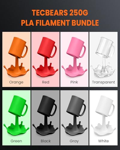 Image of TECBEARS PLA 3D Printer Filament Bundle, 250g PLA Filament, 0.25kg /Spool,Total 4kg, 16 Packs, Black+White+Grey+Red+Blue+Green+Yellow+Orange+Pink+Skin+Chocolate+Silver+Olive Green+Transparent+Gold+Wood