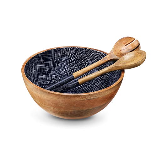 Wooden Salad Bowl or Mixing Bowls with Serving Tongs, Large Serving Bowls for Fruits, Salad, Cereal...
