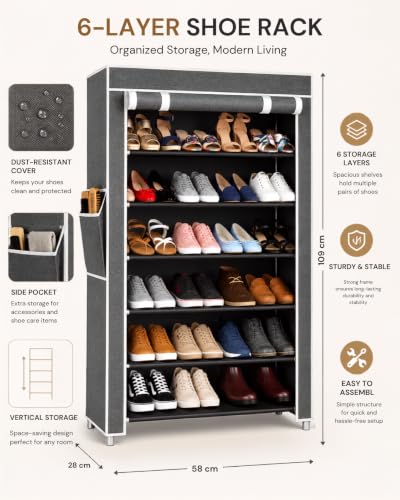 Image of 6 Layer Shoe Rack Plastic with Grey Cover | Multipurpose Plastic Shoe Rack for Home | Space Saving Foldable Shoe Stand | Storage Rack for Home, Bedroom & Entryway.