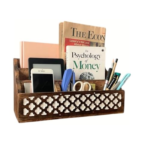 Mie Creations Wooden Office Mail Organizer for Desk Table, Vintage Wood Stationery Storage Pen Holder Desktop Accessories, 5 Compartments Bill Sorter, 13'' Large Caddy for Home, Art Supplies- White Cover
