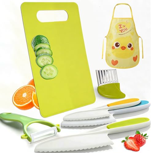 JoyPals Toddler Knife Set 7-Piece Montessori-Inspired Kids Cooking Kit with 3 Safe Knives Crinkle Cutter Peeler Cutting Board & Apron Ages 3+