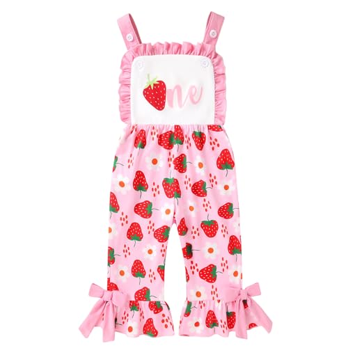 Tiny Cutey Baby Girl 1st Birthday Outfit Strap Overalls Jumpsuit Berry Bee Cow Sweet One Theme for First Birthday Cake Smash(Pink Strawberry One,12-18 Months)