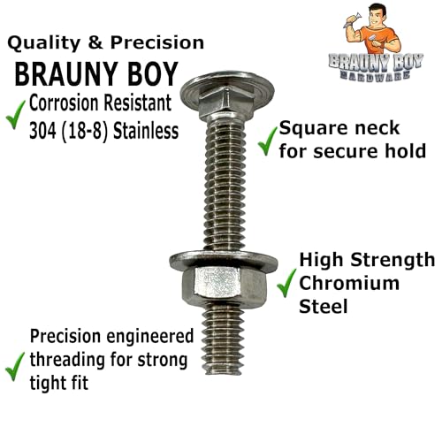 Image of (25) 1 /4-20 x 1.75 inch- 304 (18-8) Grade Stainless Steel Carriage Bolts Screws Dome Head Nuts & Washers Included for Trailer Deck Floors headboards-Rust Resistant by BRAUNY BOY- Qty (25)
