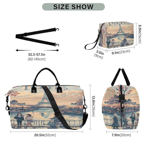 Paris France Eiffel Tower Painting Large Travel Duffle Bag Weekender Overnight Bags Gym Yoga Bag for Women Men with Toiletry Bag3