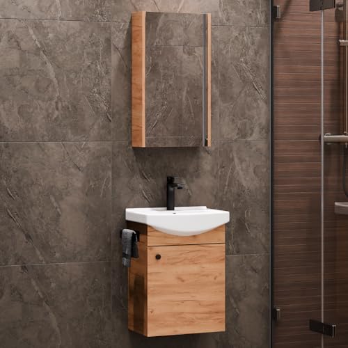 Planetmöbel Badmöbel Set Waschtisch mit Unterschrank 45 x 60 x 33 cm mit Spiegelschrank 40 cm für Badezimmer, Gäste WC & Bad, Gold Eiche