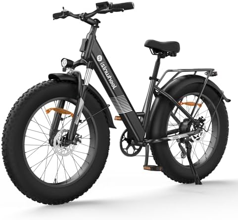 isinwheel M60 Electric Bike for Adults 750W 28mph Ebike with 48V 13Ah Removable Battery, USB Charging Port, 7 Speed Gearshift, 26"Ă—4" Fat Tire Electric Bicycles, Step Thru Cruiser E Bike