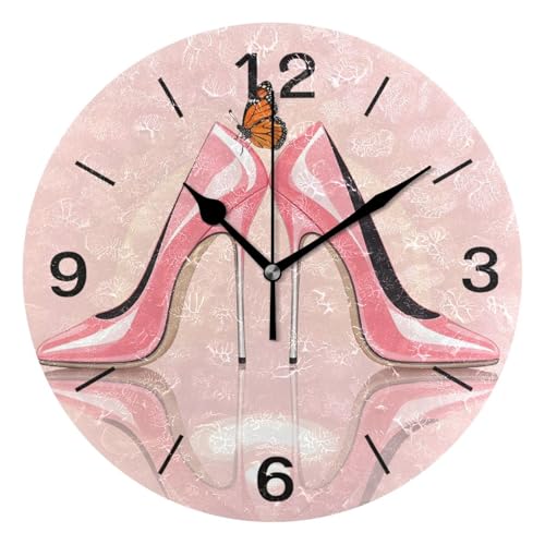 ALAZA Home Decor Butterfly High Heel Shoe Pink 9 . 84 inch Round Acrylic Wall Clock Non Ticking