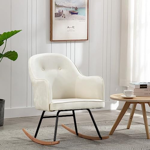 Frdhee Sillón de lactancia, mecedora, silla mecedora, terciopelo blanco crema, sillón de relax para salón, dormitorio, se puede instalar rápidamente