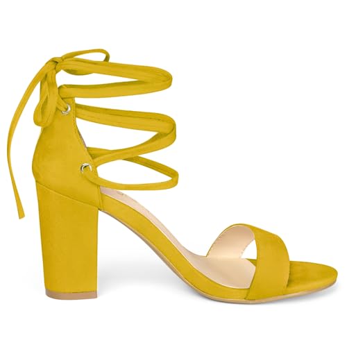 Allegra K Allegra K Women's Tie Up Strappy Heels Chunky High Heels Yellow Sandal 6.5 M US