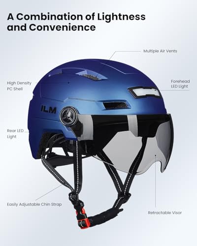 ILM Adult Bike Helmet with USB Rechargeable LED Front and Back Light Mountain&Road Bicycle Helmets for Men Women Removable Goggle Cycling Helmet E3-10L(Blue Purple, Large/X-Large)