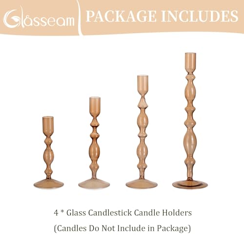 Glasseam Glass Candle Stick Candle Holder: Glasseam Amber Taper Candle Holder Set Of 4 Modern Candle Sticks Holder Decor Tall Decorative Candle Holders For Table Fall Centerpiece Dining Thanksgiving Halloween thumb #5