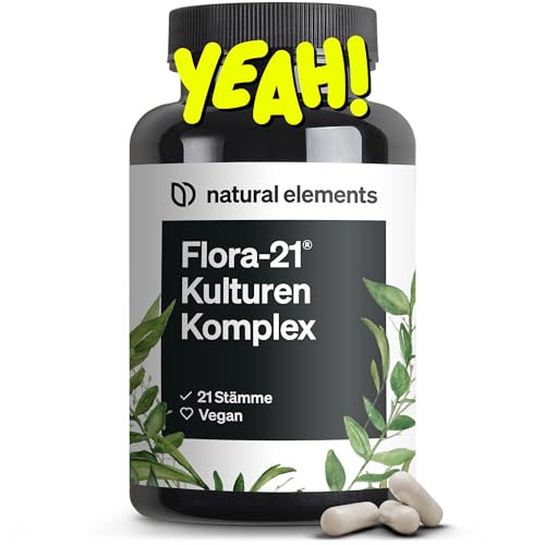 natural elements Flora 21® Kulturen Komplex – 21 Bakterienstämme + Bio Inulin – 180 magensaftresistente Kapseln – Laborgeprüft, vegan, hochdosiert und in Deutschland produziert