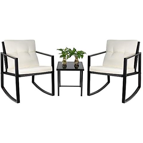 Tuoze Outdoor Patio Conversation Bistro Wicker Furniture Sets Rocking Chairs with Glass Coffee Table, Beige Cover