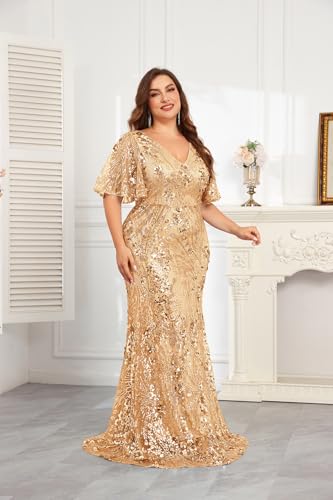 Image of Plus Size Glamous Short Sleeves Womens Sequin Dress Formal Gowns Evening Glitter Mermaid Prom Dress