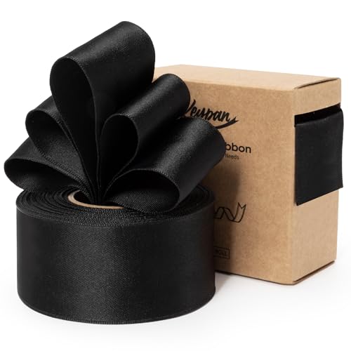 Keypan Black Satin Ribbon Double-Faced Wired Ribbons for Gift Wrapping Flower Bouquet Bows Wedding Invitation Christmas Decor Crafts 1-1/2 Inch 10 Yards