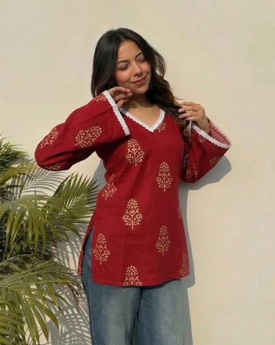 Image of ANNI Designer Women's Viscose Printed Short Kurti | Red Buta Print Tunic Top | V Neck Lace Detail | Full Sleeve Hip Length Kurta Top for Women