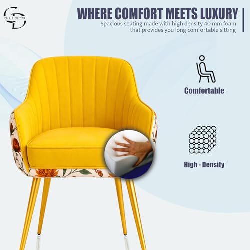Image of Velvet Accent Chair | Luxury Upholstered Armchair with Sturdy Metal Legs | Modern Comfortable Chair for Living Room, Bedroom, Office, or Cafe (Golden Legs, Yellow Floral)