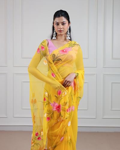 Image of Arkia Women's Yellow Hand Painted With Hand Work Embroidered Saree with Pink Accents Cut dana