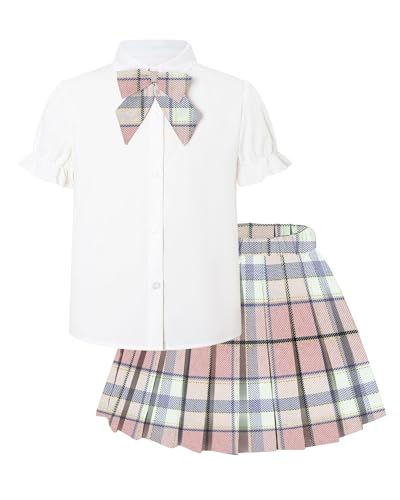 Betusline Girls Skirt Set JK School Uniform 2-Piece Outfit - Short Sleeve Shirt with Bow & Pleated Plaid Skirt, Plaid Pink Black Line, 11-12 Years = Tag 160