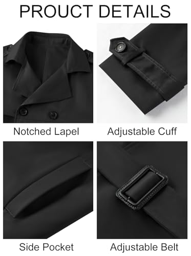 Pretifeel Mens Trench Coat Slim Fit Double Breasted Long Jacket Notched Lapel Belt Fall Windproof Coat XX-Large