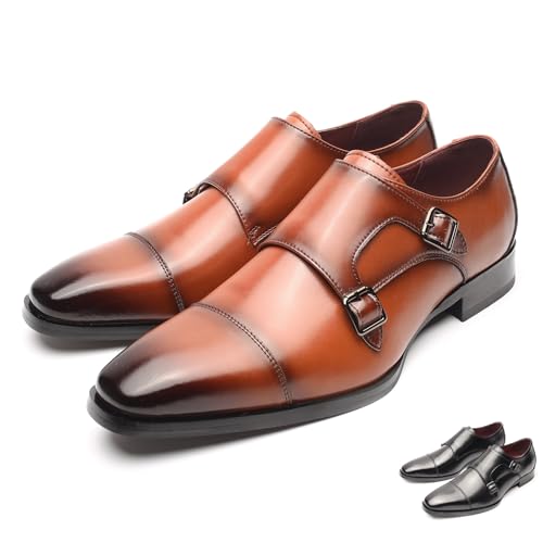 Men's Genuine Leather Double Monk Strap Dress Loafers Fashion Classic Cap Toe Low Top Slip On Dress Oxford Shoes Business Casual Office Wedding Formal Shoes