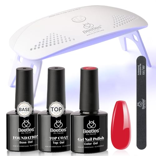 Image of Beetles Red Gel Nail Polish Kit with UV LED Light and Base Top Coat Starter Kit Soak Off Red Gel Polish Set with Lamp Nail File for DIY at Home Manicure Gifts for Women