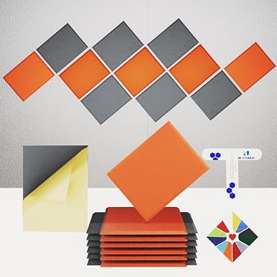 12 Pack Self-Adhesive Acoustic Panels [390 lbs/yd³ Ultra-High Density], 2nd Generation Sound Absorbing Panel, Professional Level Sound Panel, Polyester Soundproof Foam [Rectangle, Orange & MoonGrey]