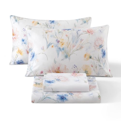 Image of Vintage Blue Floral Percale Bed Sheets Full Size Deep Pocket, 4Pcs | 100% Cotton Patterned Farmhouse Sheet Set, Peony Print Shabby Chic White Sheets, Luxury Toile Bedding, Wildflower, Soft Crisp