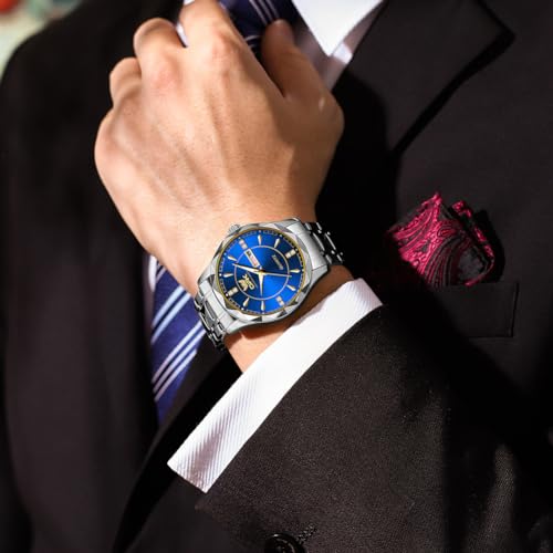 Image of OPK Watches for Men Diamond Roman Analog Mens Watches Waterproof Large Stainless Steel Men Wrist Watch Business Father Gift Watch Blue