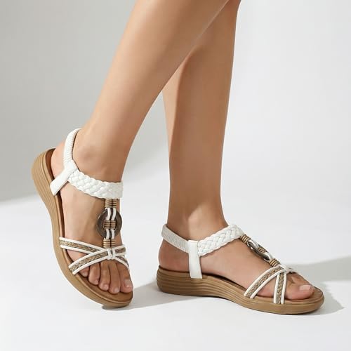 Image of UBFEN Womens Bohemian Flat Sandals With Back Strap Summer Beach Comfortable Bling