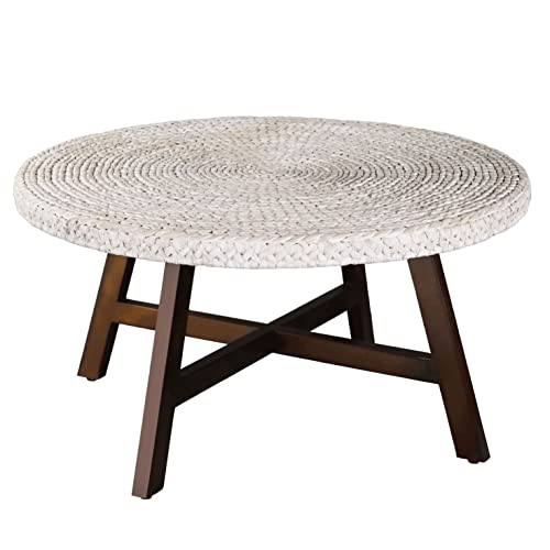 Round Coffee Table,RANDEFURN Seagrass Coffee Tables,Pine Wood X Base Frame Cocktail Table, Easy Assembled, Multiple Sizes for Living Room, Solid Wood Table,32 x 17 Inches,Whitewash - Image 4
