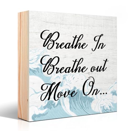Vgrti Breathe In Breathe Out Move On Wood Box Sign, Inspirational Waves Desk Decor for Home Bath Office Yoga Spa Room, Inspiratinal Quotes Gifts for Women, Men, Friends, Sisters, Mom, Coworkers, Boss