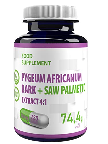 Pygeum Africanum Corteza + Serenoa Repens (Saw Palmetto) 500mg 120 Cápsulas Veganas, Extracto 4:1, Alta Potencia, Sin Gluten, Sin OGM