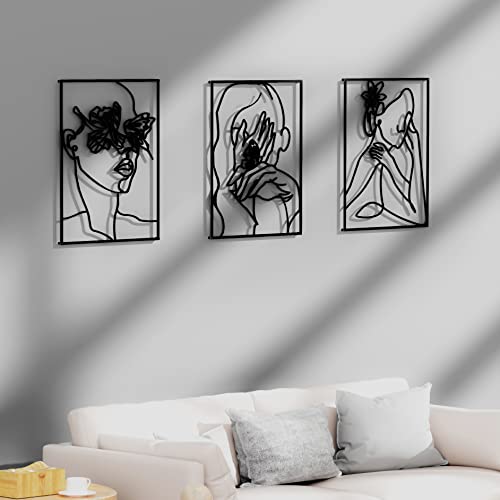Black Metal Wall Art Decor Set Of 3, Real Metal Modern Bedroom Wall Decor, Abstract Female Face Wall Sculptures For Dining Room, Living Room, Bathroom, Home Decoration #TOP5